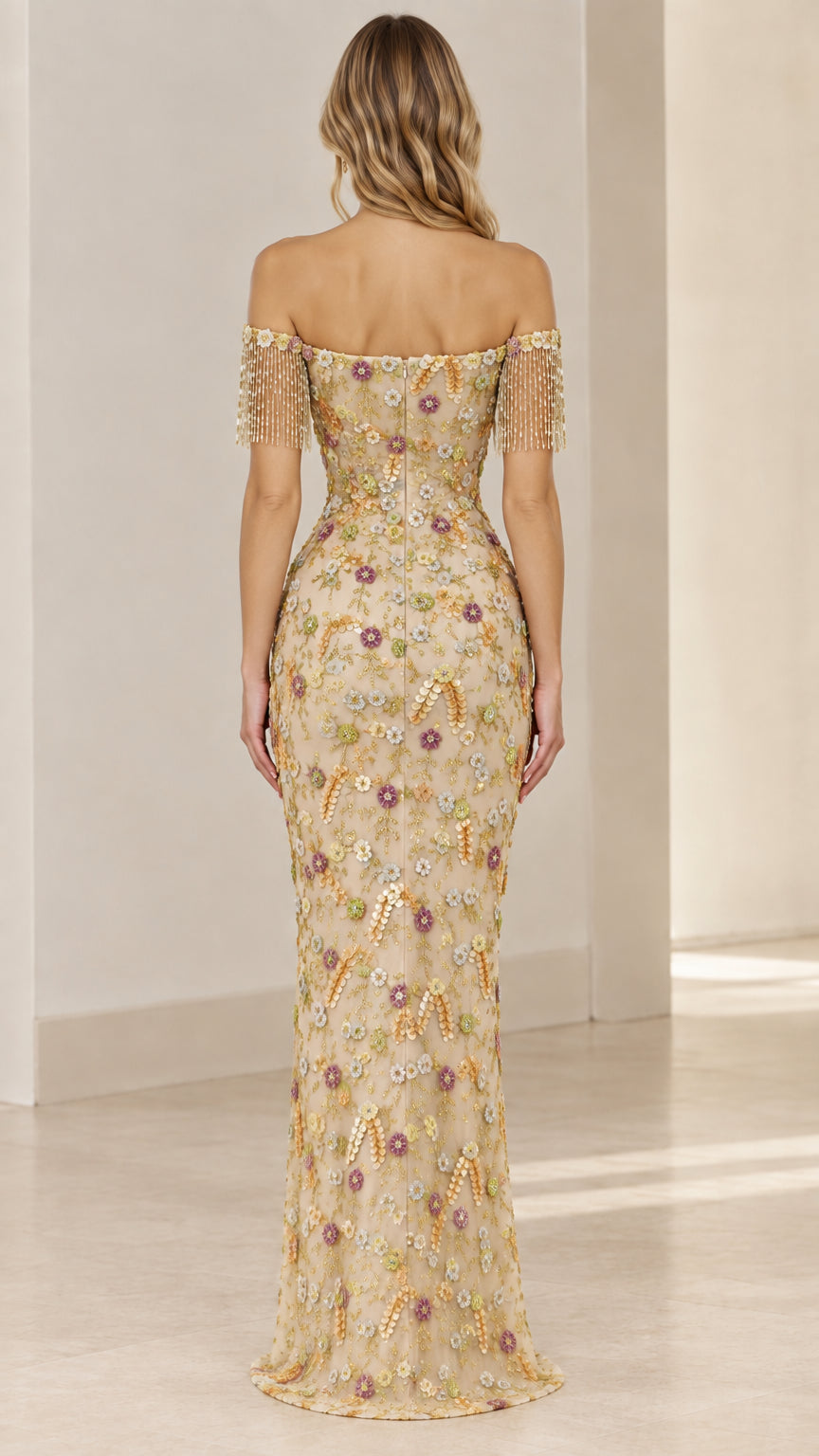 Champagne floral sequin embroidered evening gown back view showing zipper and silhouette