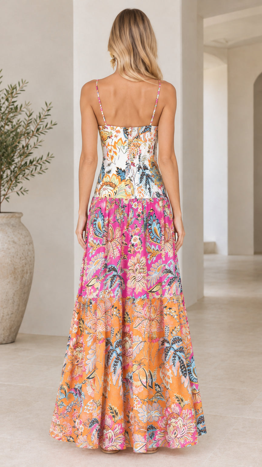 Back view of White Multi spaghetti strap floral maxi dress with tiered skirt
