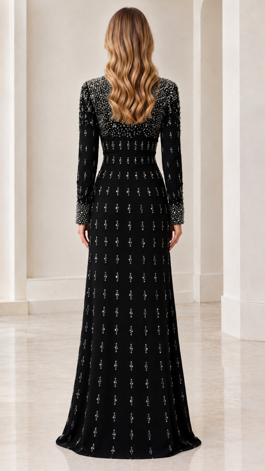 Back view of woman wearing Black long sleeve gown showing concealed zipper