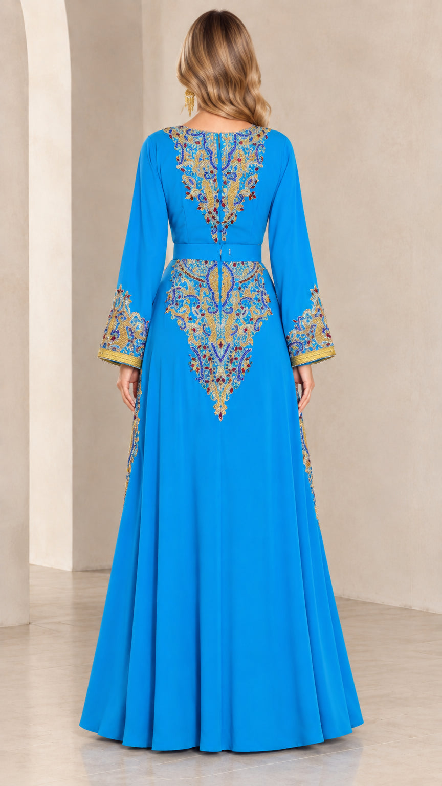 Back view of sky blue embroidered evening caftan dress highlighting ornate back bodice embroidery