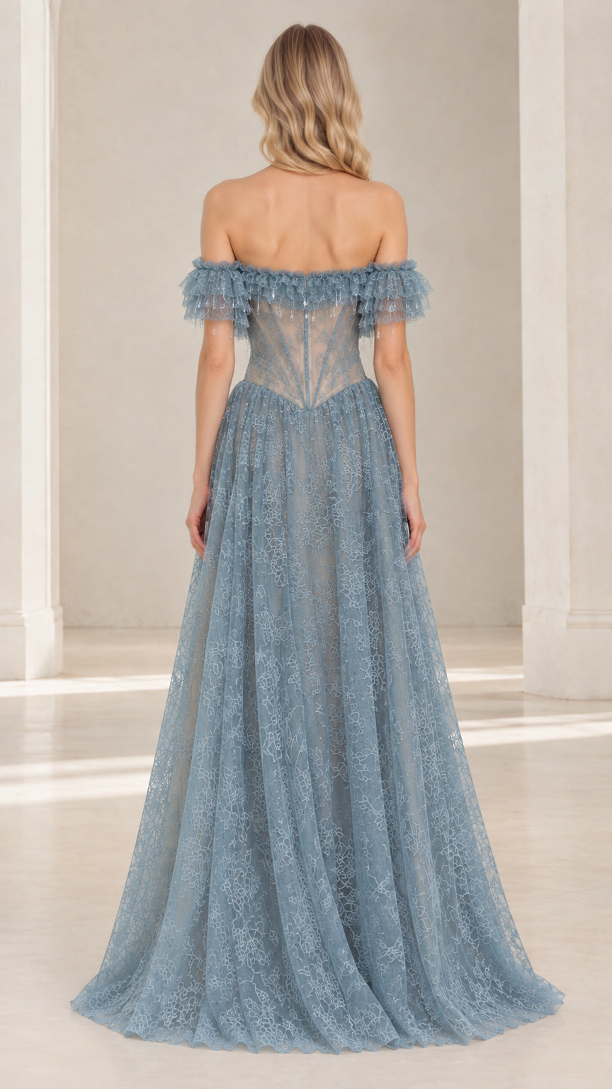 Dusty Blue lace evening gown back view