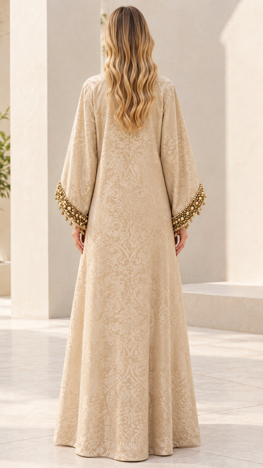 Back view of Champagne embossed damask floor-length abaya
