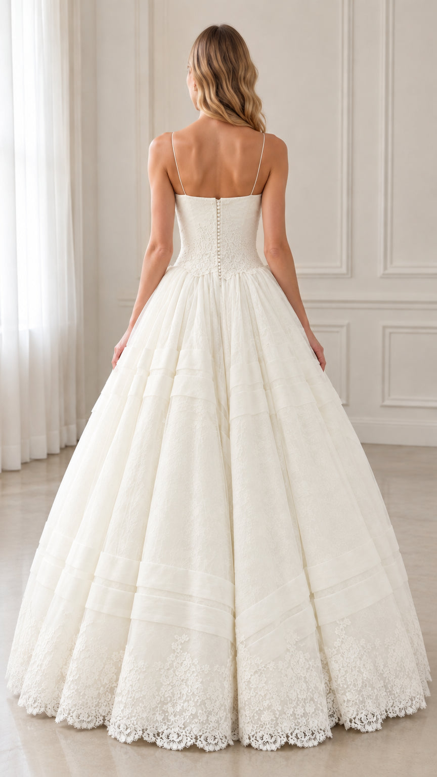 Back view of ivory evening gown highlighting button detail and open back