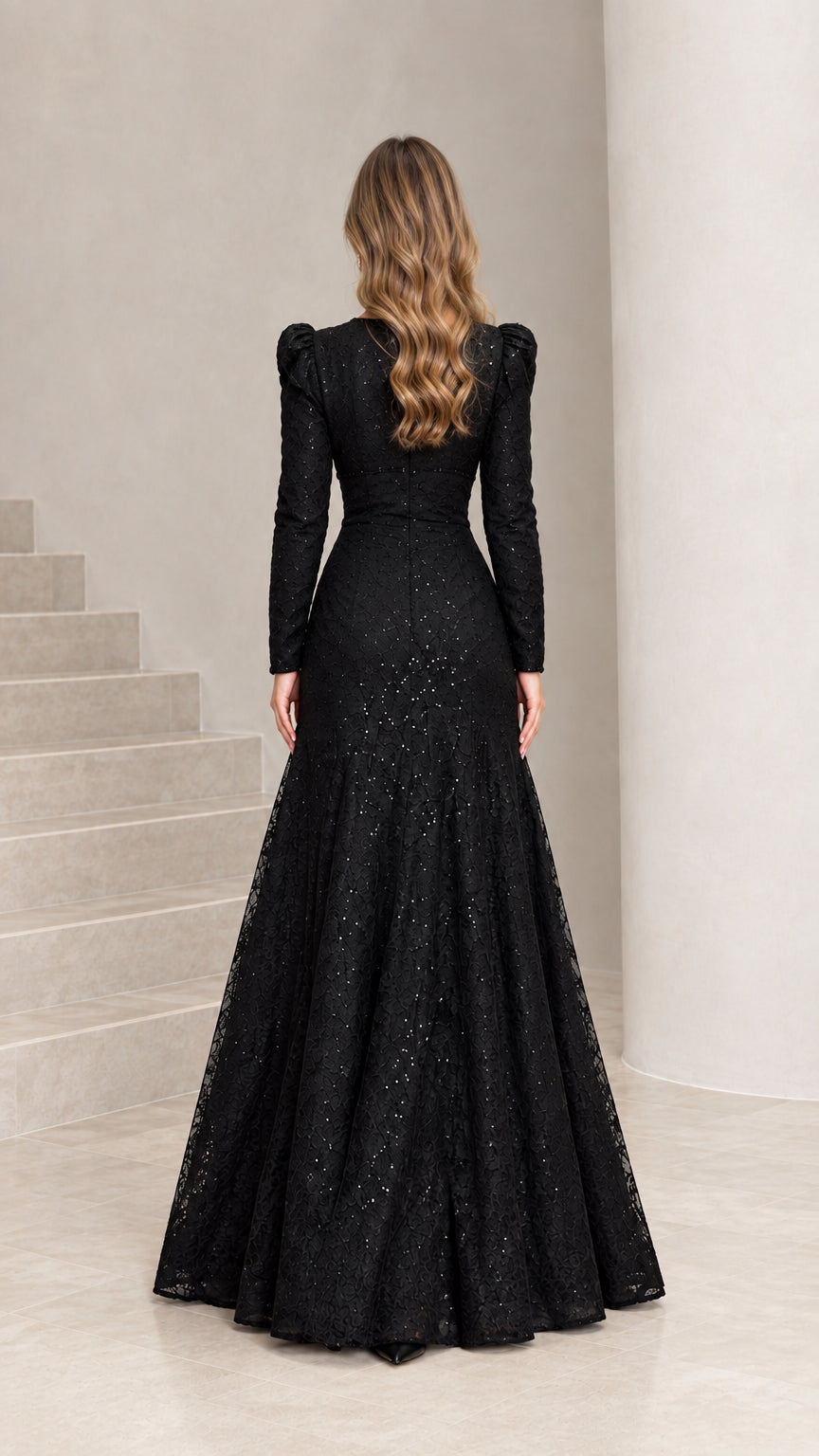 Back view of black sequin lace formal gown with concealed zipper