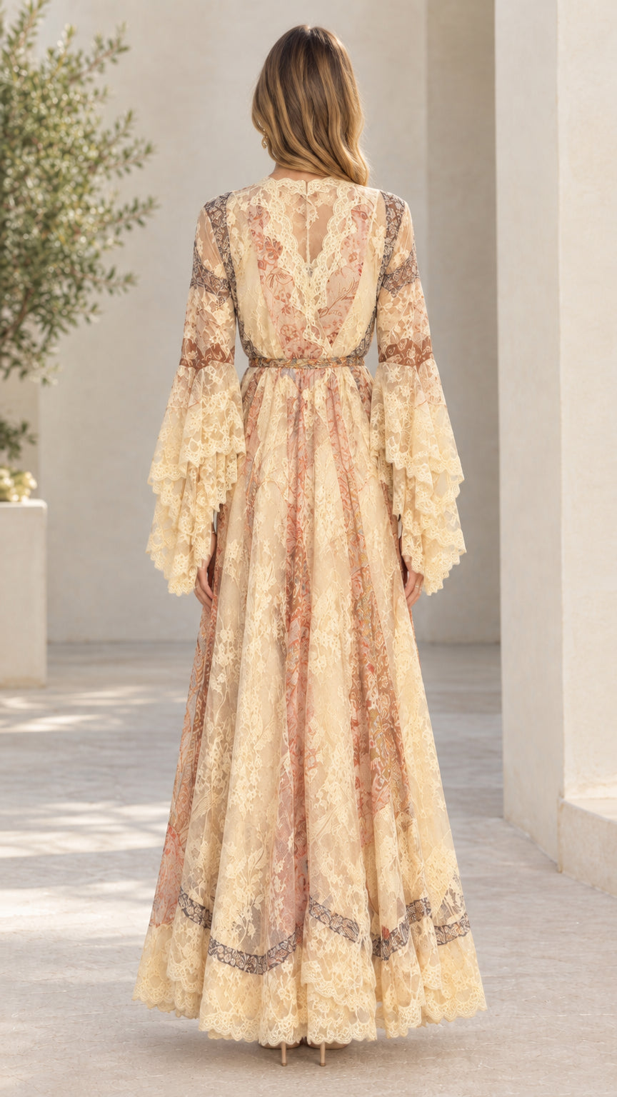 Back view of vintage style champagne lace maxi dress