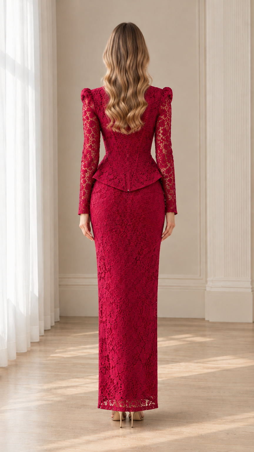 Back view of burgundy lace peplum formal two-piece set showing back zipper and waist tie