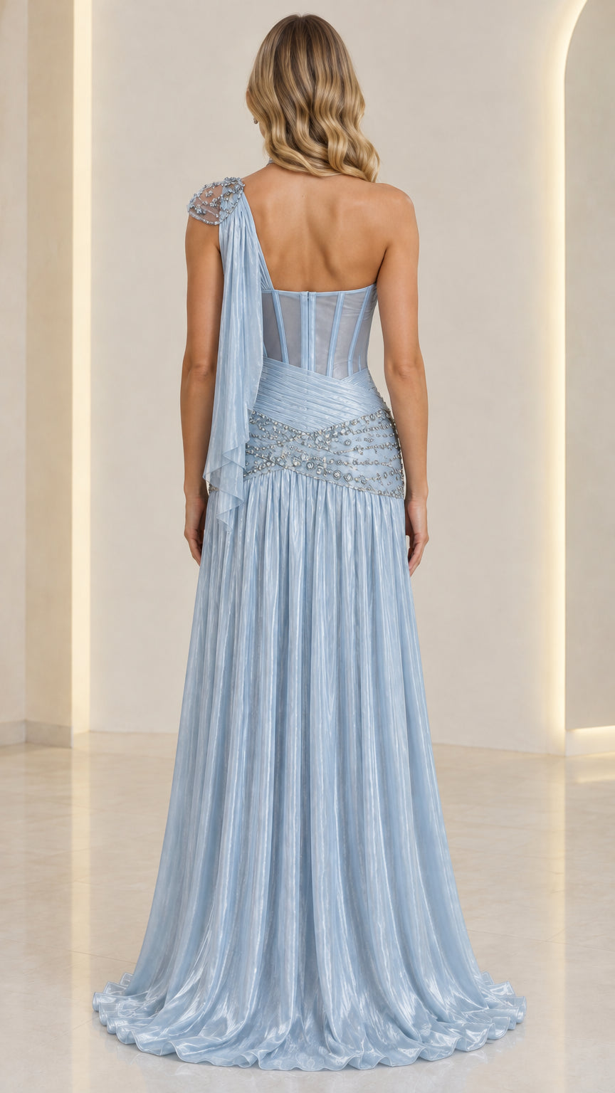 Ice Blue formal evening gown back view showing sheer corset back and drape