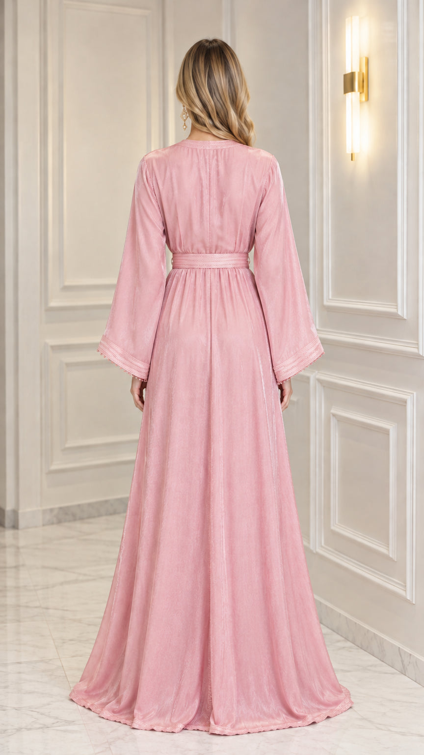 Back view of woman wearing Rose Pink long sleeve kaftan dress