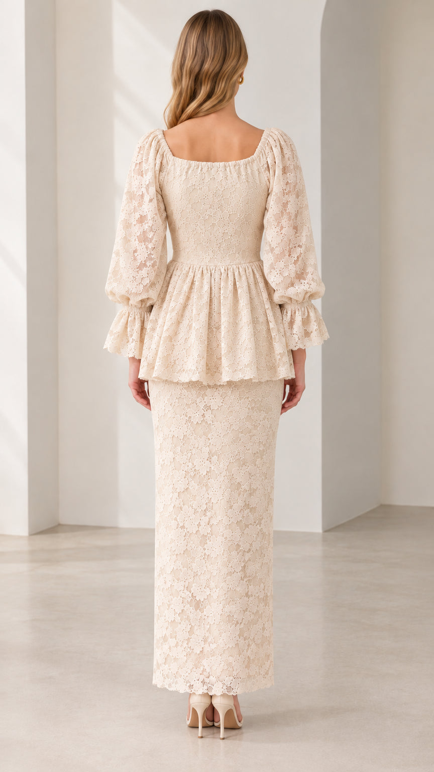 Back view of Cream Floral Lace Square Neck Long Sleeve Maxi Dress