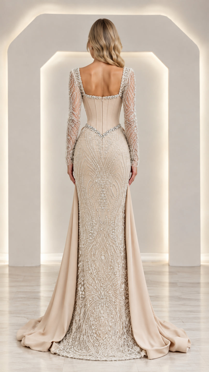Back view of champagne beaded formal dress showing illusion back and sweeping skirt