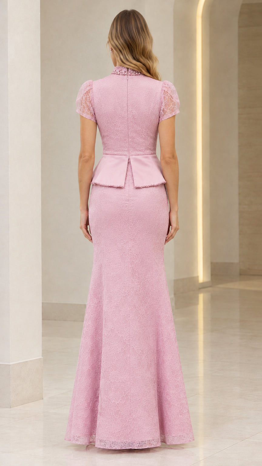 Dusty Rose floor-length peplum gown back view with split peplum