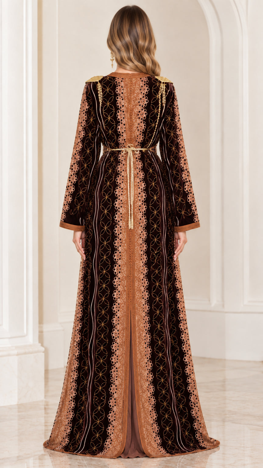 Back full-length view of brown embroidered velvet maxi kaftan