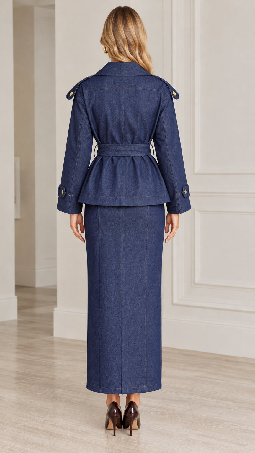 Back view of model wearing Denim Blue belted trench jacket and maxi skirt