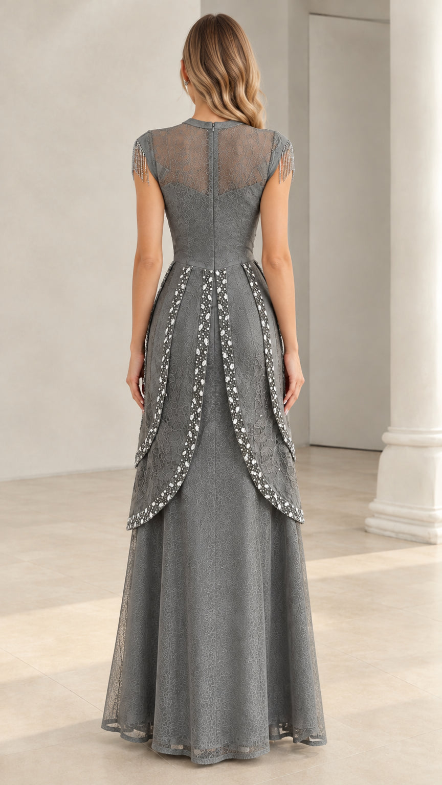 Back view of slate grey evening dress showing sheer lace back and zip closure