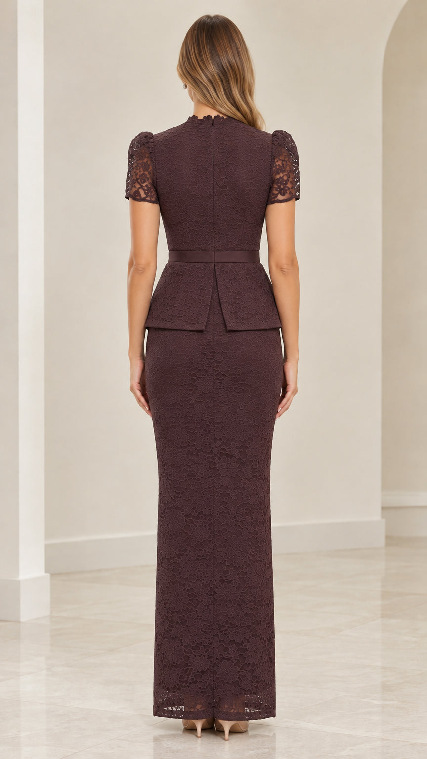 Back view of Deep Plum floral lace maxi dress with back zipper
