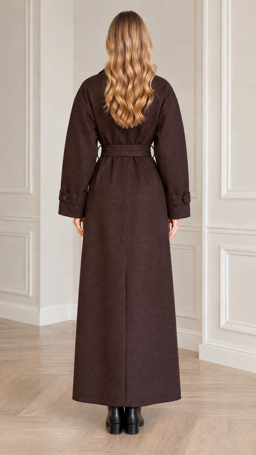 Back view of model in dark brown maxi wrap overcoat with waist tie