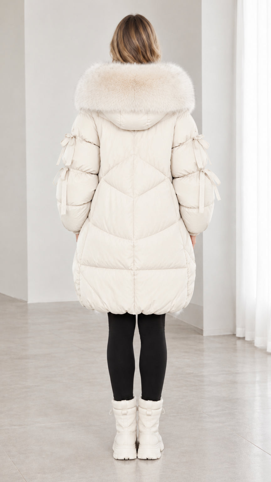 Back view of off white quilted winter puffer coat with large faux fur hood