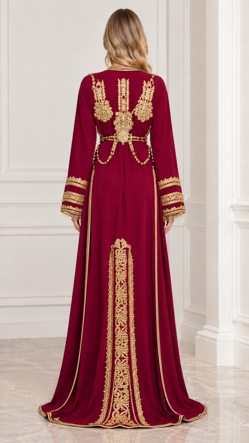 Back view of burgundy caftan gown showing detailed gold embroidery