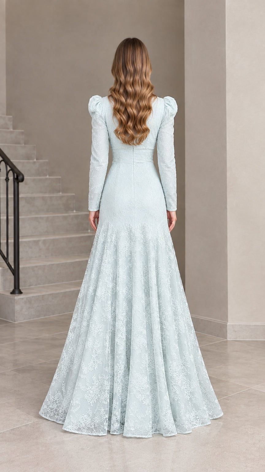 Ice blue long sleeve lace evening dress back view showing zipper and fit