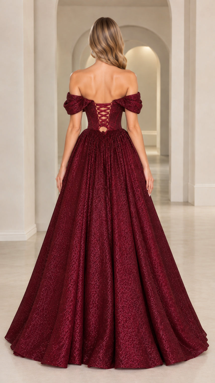 Back view of Burgundy glitter gown showing corset lace-up tie closure