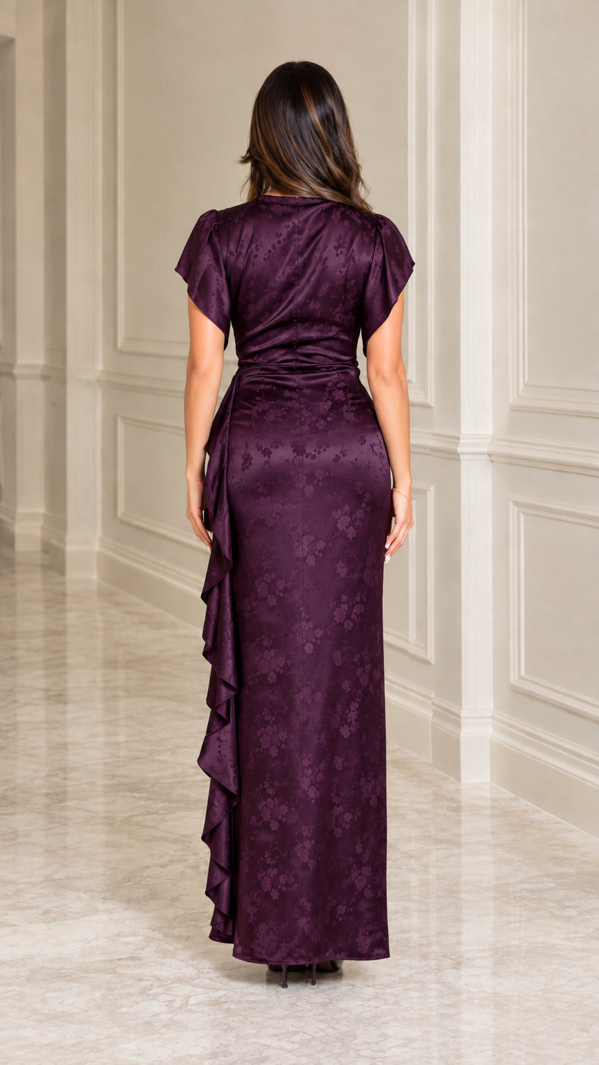 Back view of woman wearing Plum high neck satin column dress