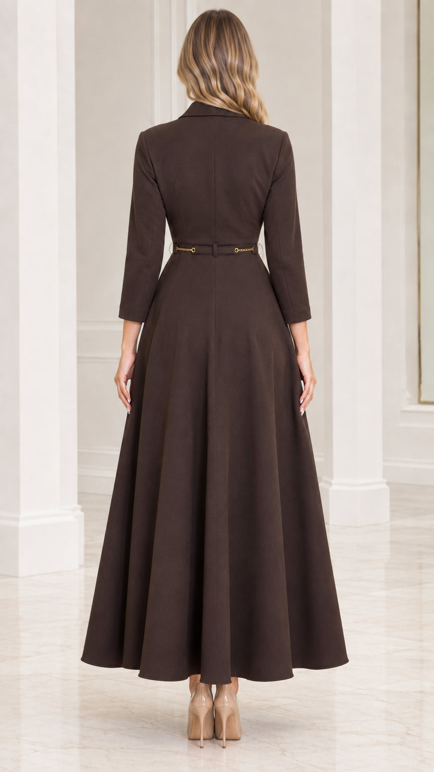 Back view of model wearing dark brown A-line maxi dress