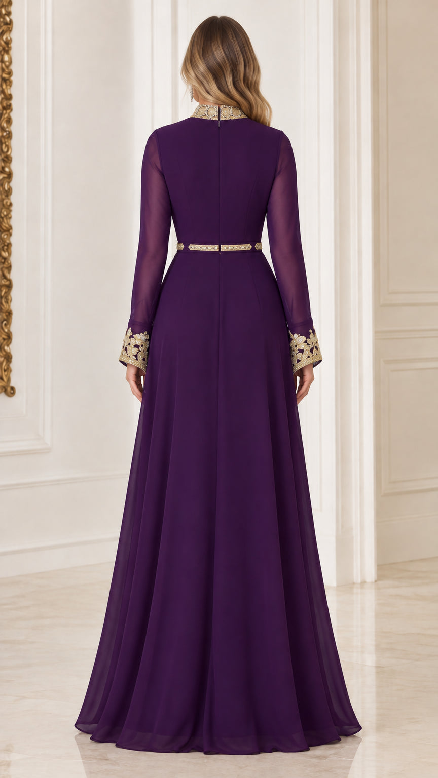 Back view of purple long sleeve formal maxi dress with high neckline