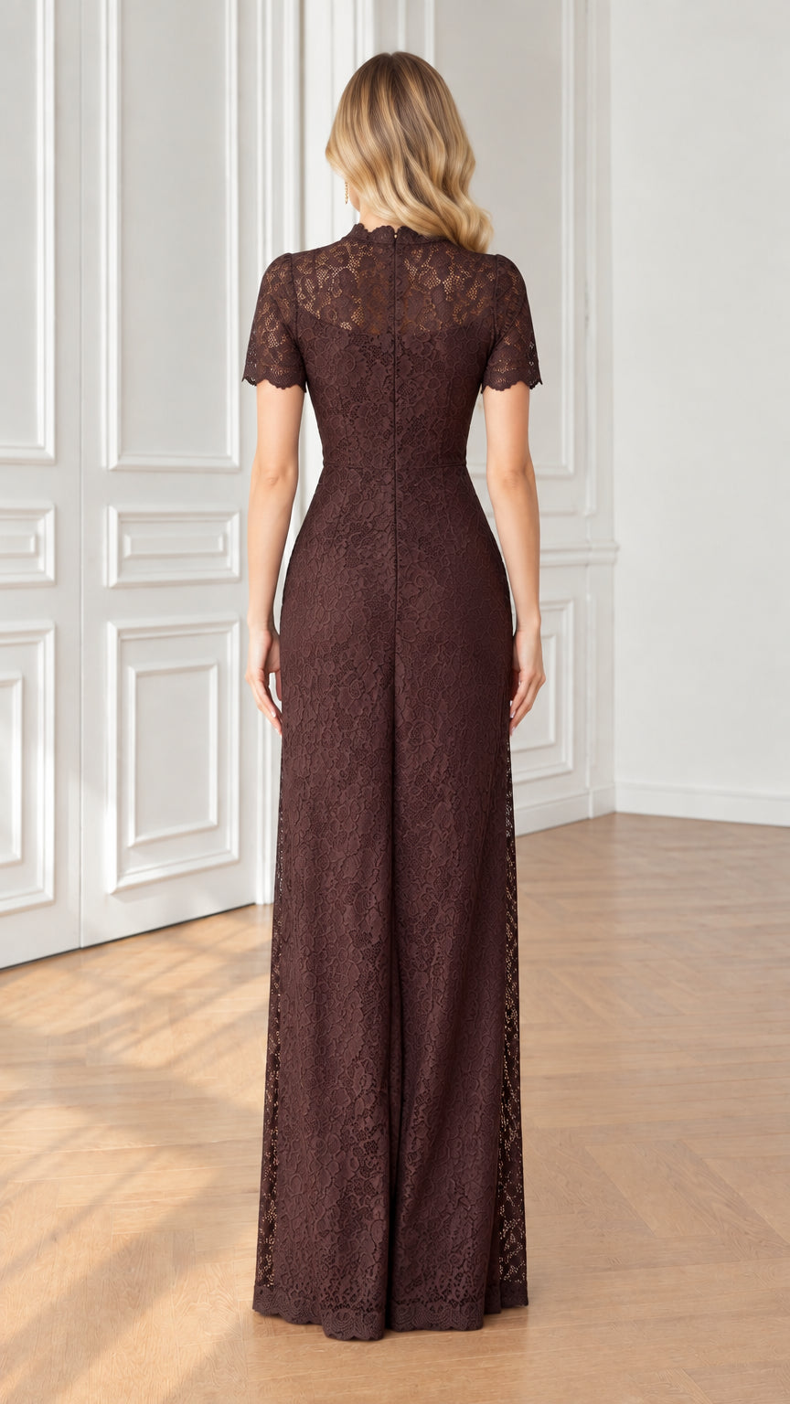 Back view of tailored Chocolate Brown high-neck lace formal jumpsuit