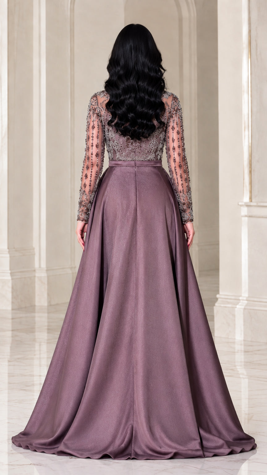 Back view of dusty mauve evening gown showcasing the smooth satin overskirt