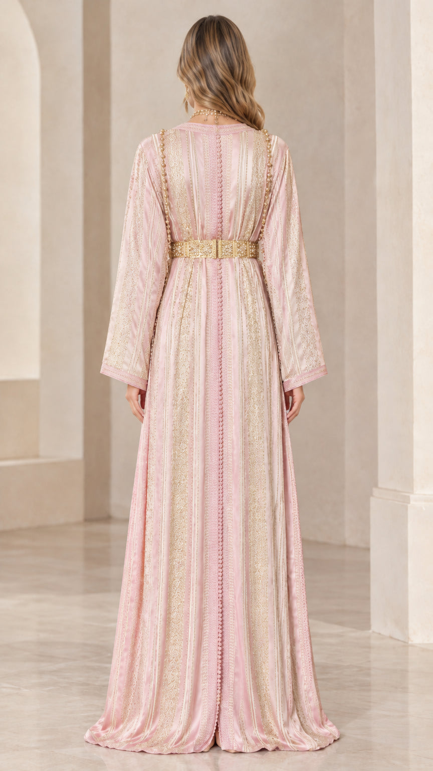 Back view of model wearing Blush Pink belted kaftan dress