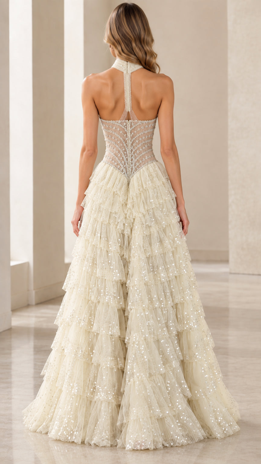 Model wearing an Ivory halter neck beaded tulle formal gown back view