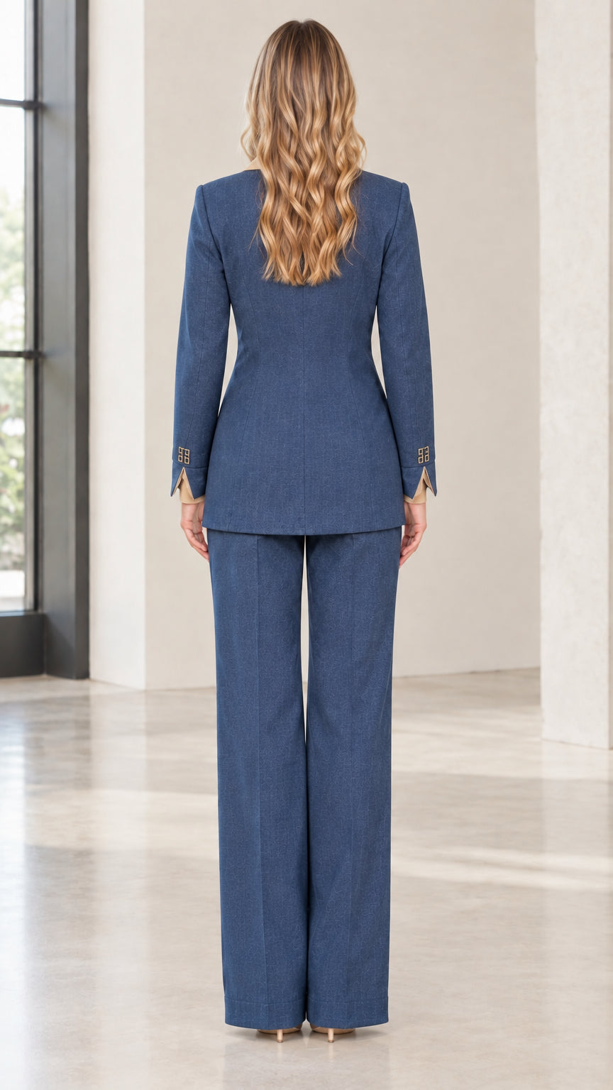 Back view of women's slate blue structured tailored pant suit set