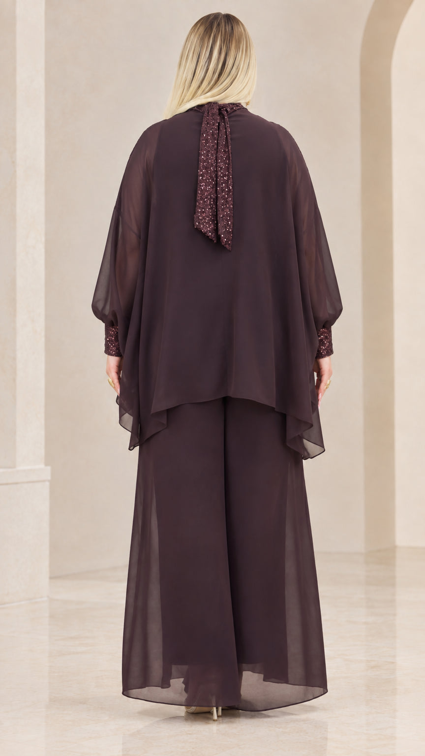 Back view of Plum chiffon formal outfit showing the back neck tie detail
