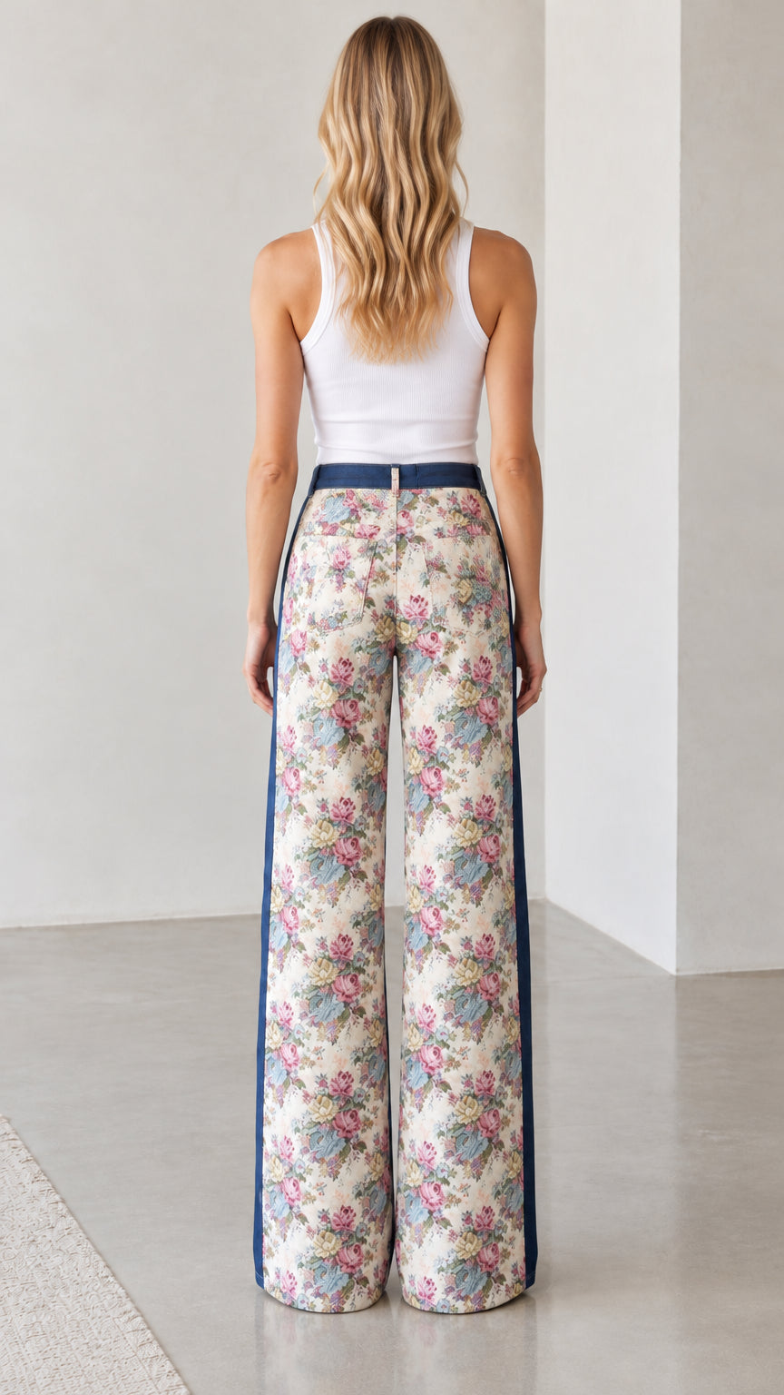 Back view of woman wearing high-waisted Cream Floral wide-leg pants