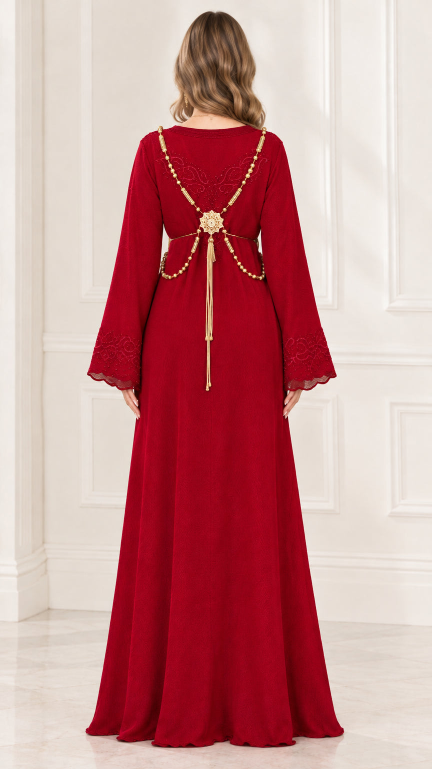 Back view of Wine Red evening maxi dress showing gold draped chain details