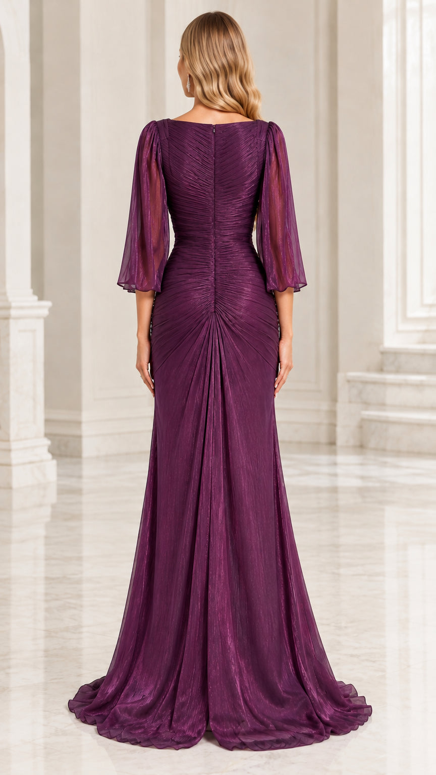 Back view of woman wearing Plum Purple ruched formal maxi dress with flutter sleeves