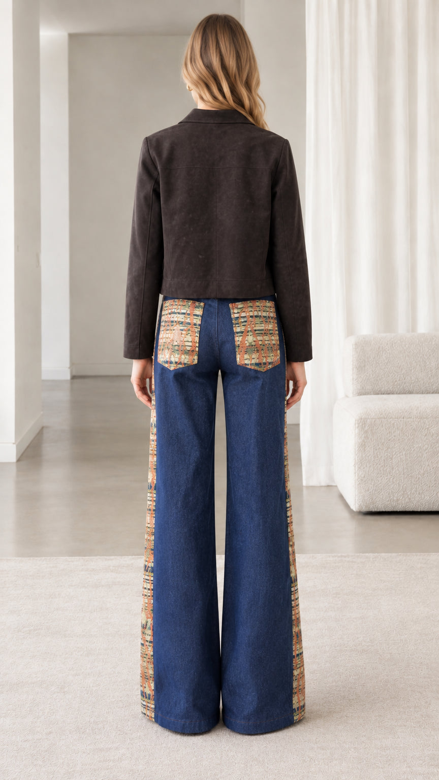 Back view of model wearing espresso brown cropped jacket and wide-leg trousers