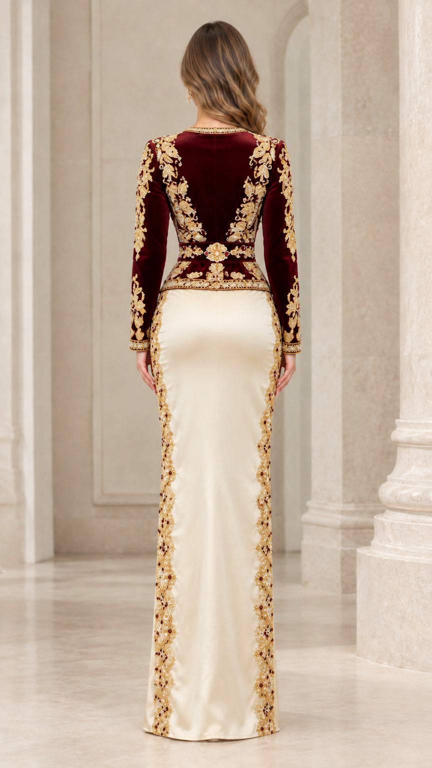 Back view of burgundy velvet back and champagne satin floor-length evening dress