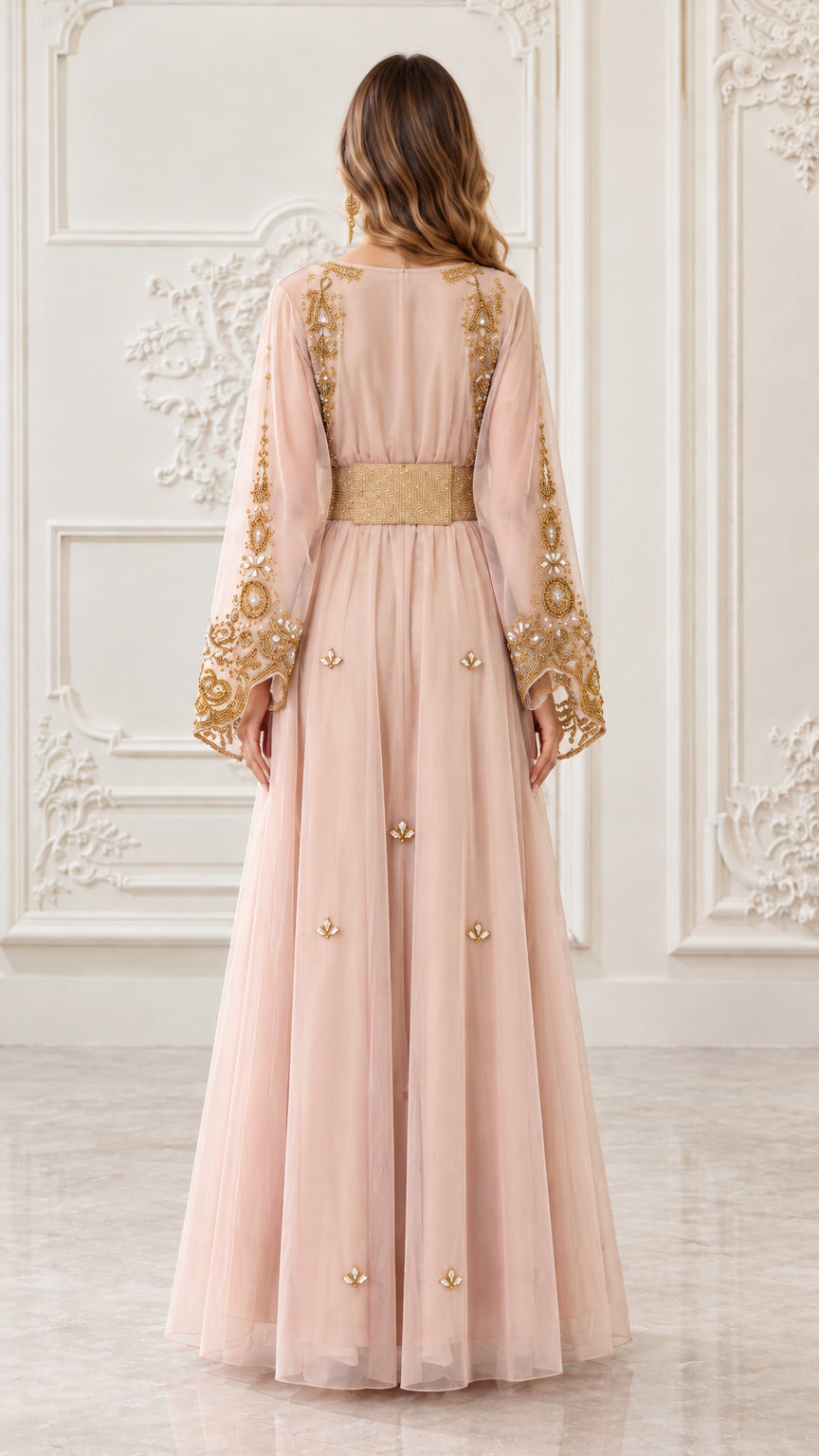 Back view of blush pink floor-length beaded kaftan dress