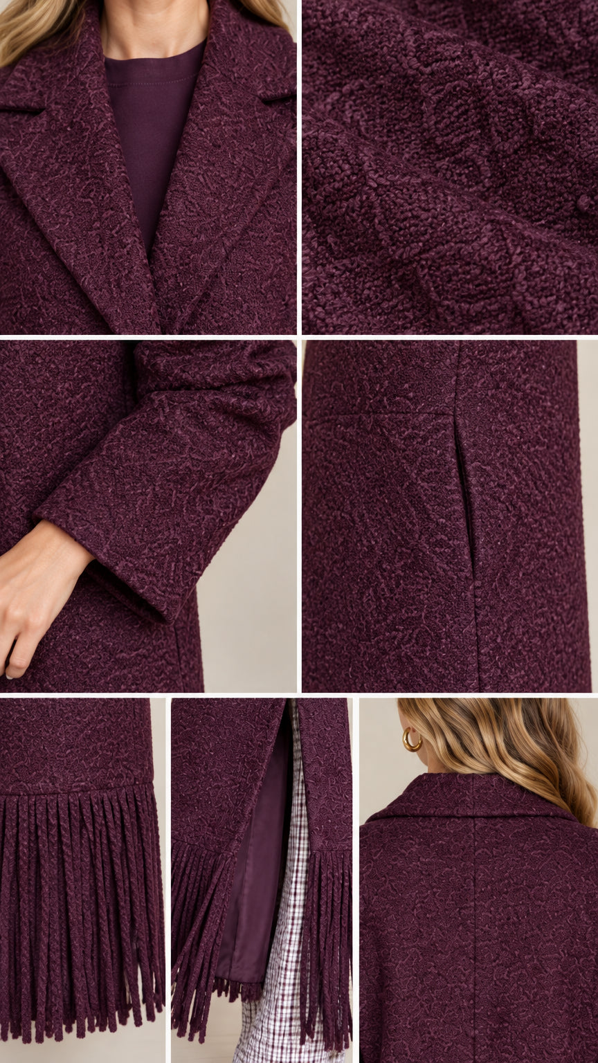 Close-up details of collar, bouclé fabric texture, side pocket, and fringe hem