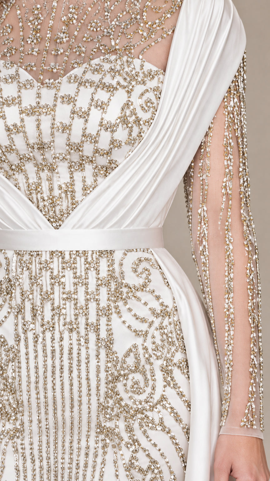 Close-up detail of pleated satin bodice and intricate crystal beading