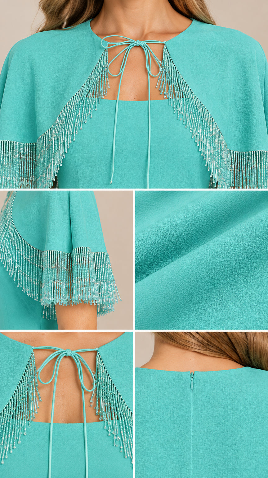 Close-up details of beaded fringe trim, tie neckline, fabric texture, and back zipper