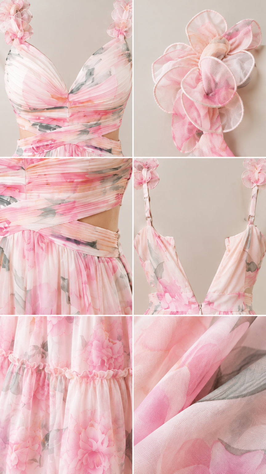 Detailed close-up collage of ruched bodice, floral strap appliqué, waist cutouts, and lightweight chiffon texture