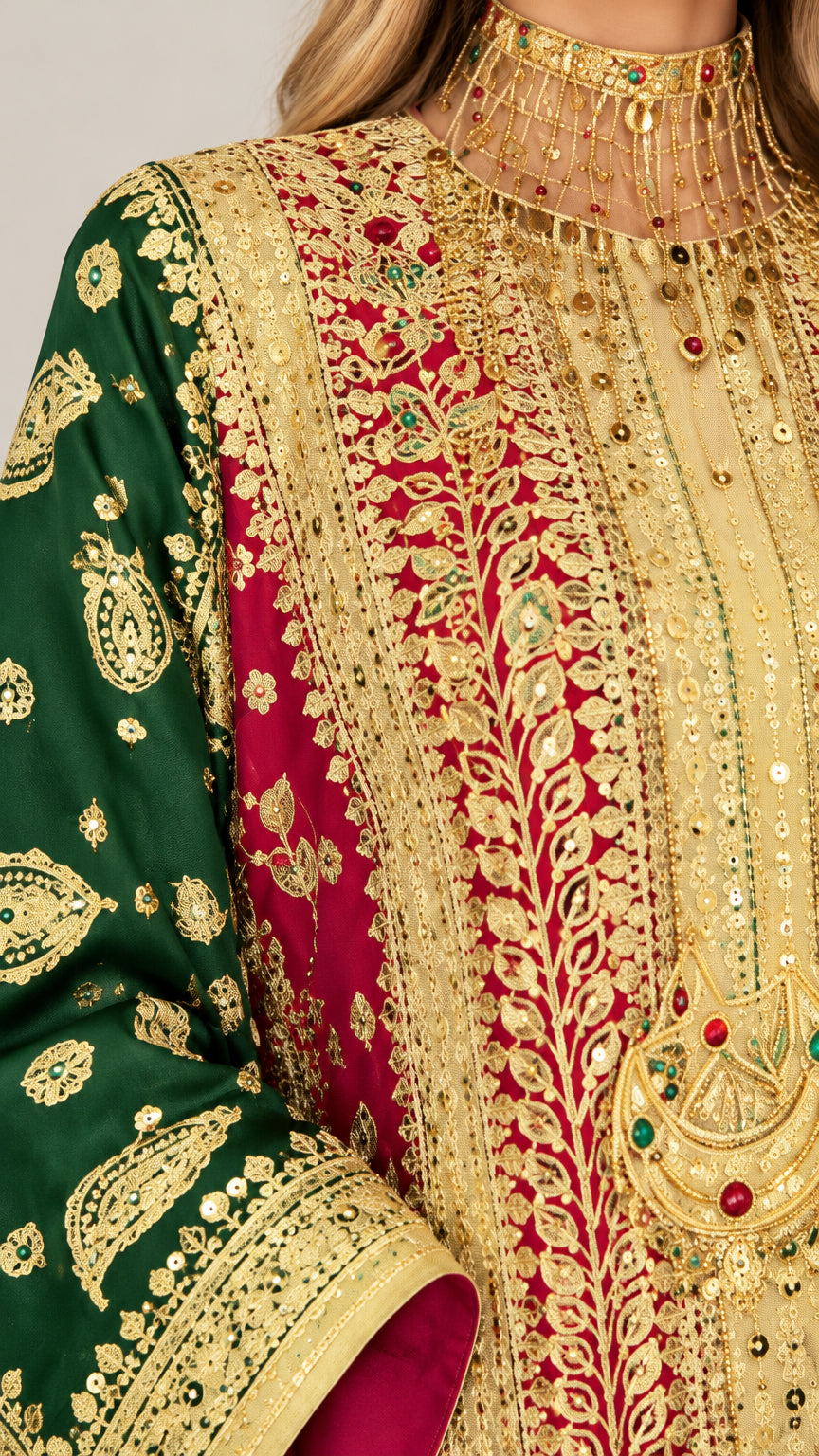 Close-up detail of metallic gold embroidery and neckline craftsmanship