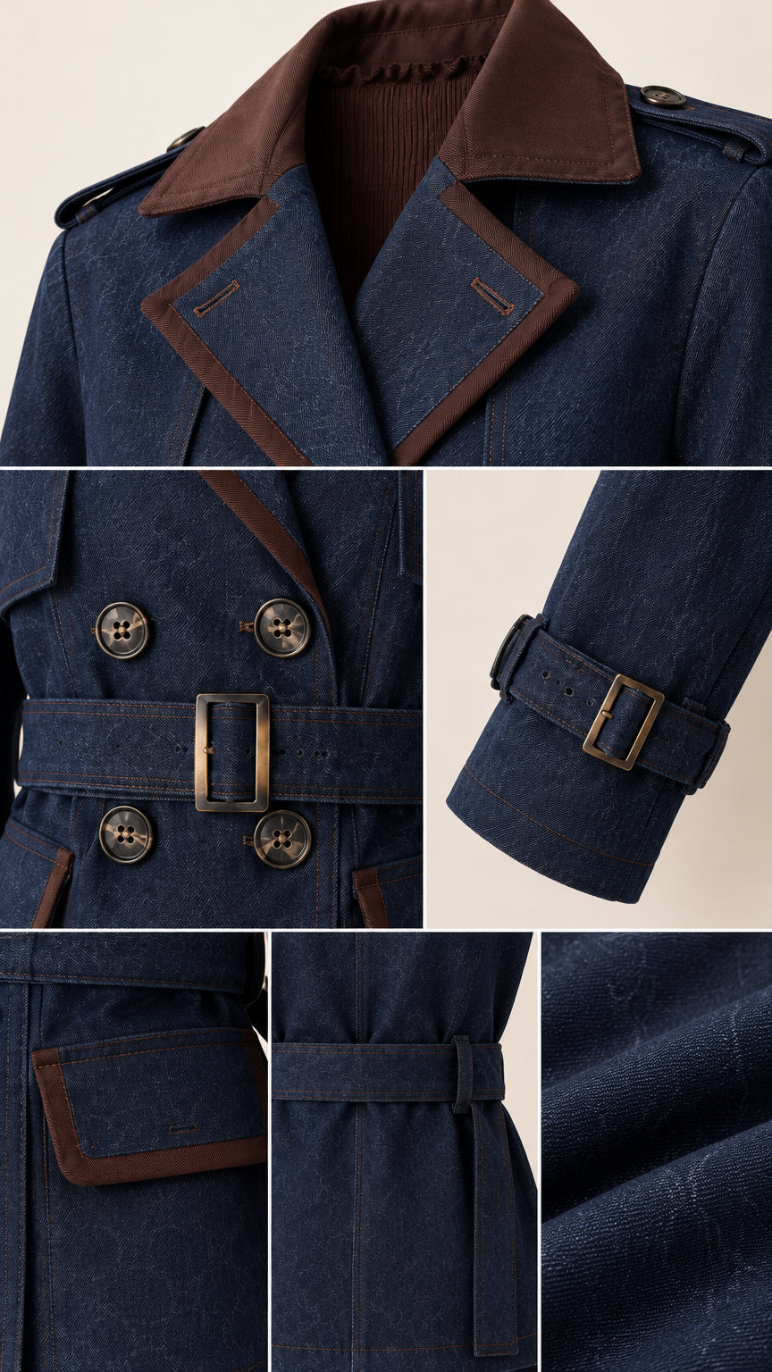 Close-up details of collar, contrast piping, buttons, belt buckle, and cuff straps
