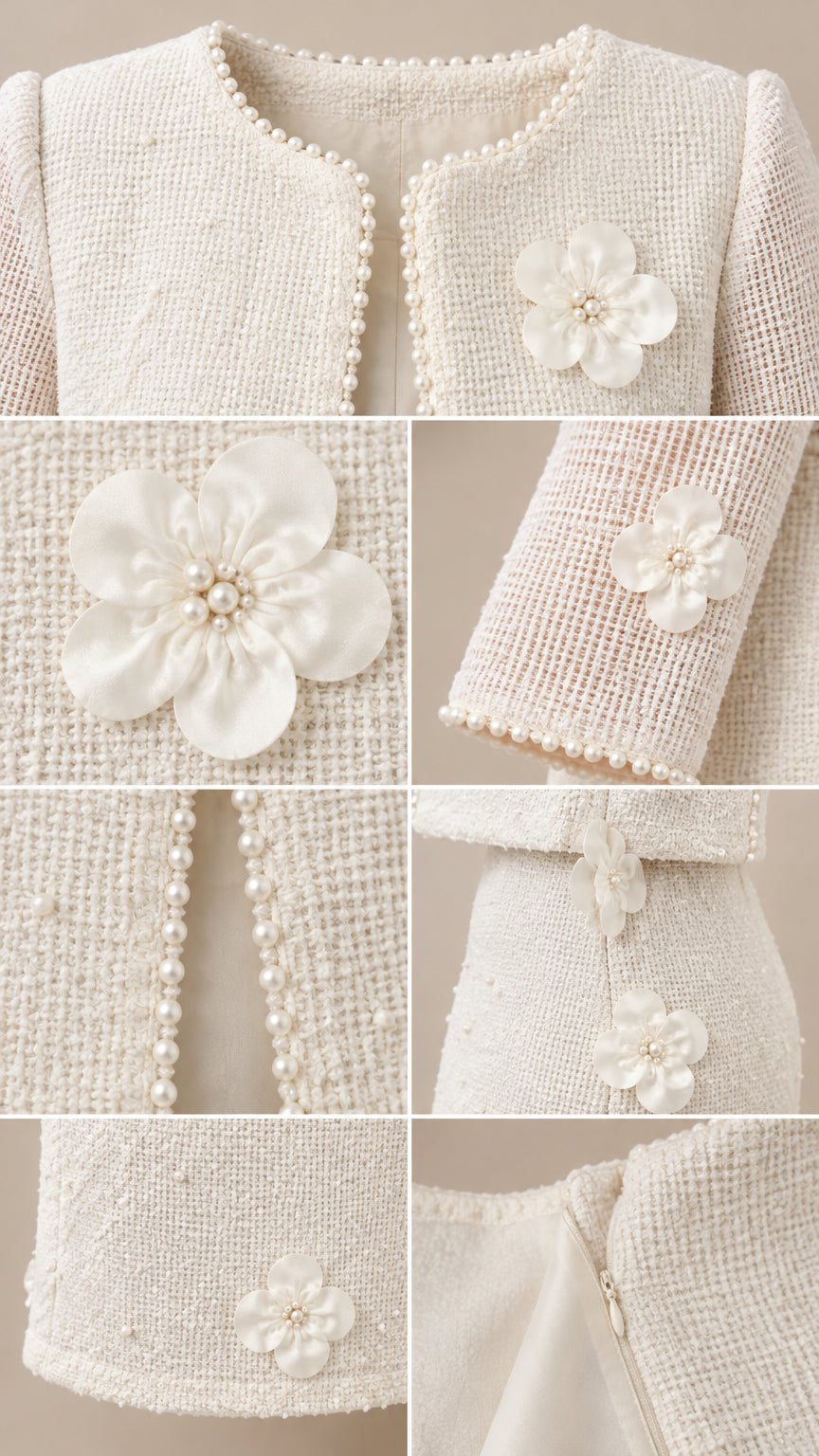 Detailed close-up collage of tweed fabric, pearl beading, 3D floral applique, and zipper closure
