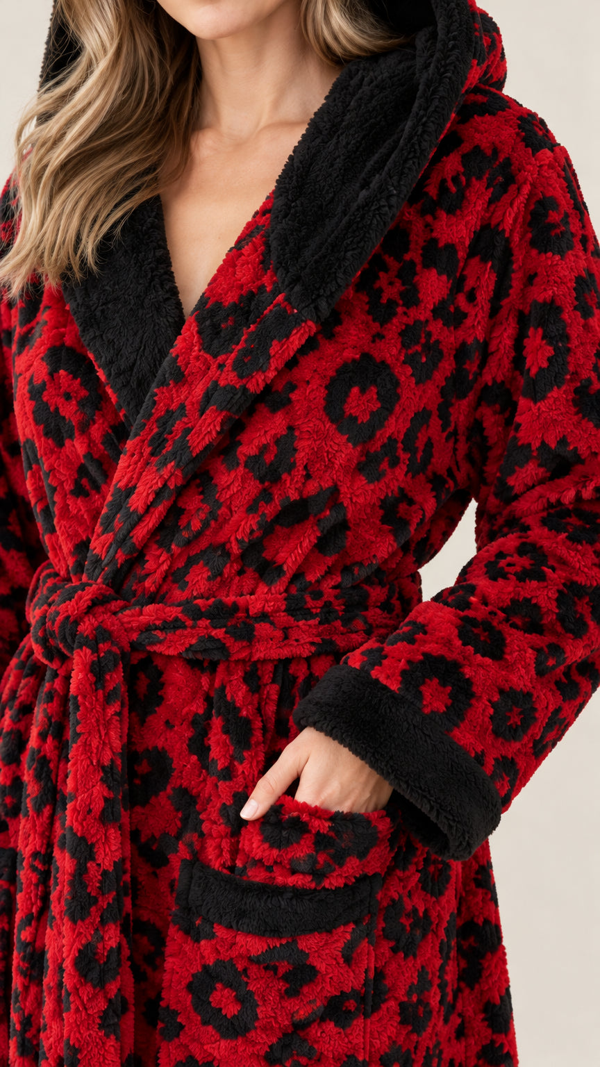 Close-up detail of red leopard print robe showing contrast black collar, tie belt, and pocket