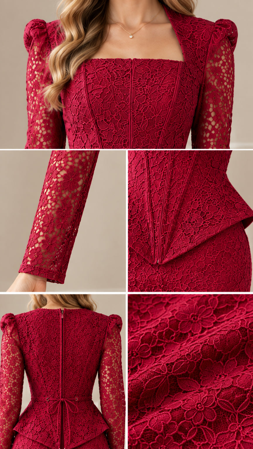 Close-up details of burgundy floral lace texture, square neckline, peplum hem, and back design
