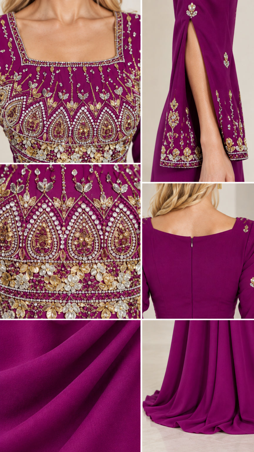 Detailed close-ups of bodice embroidery, sleeve cuffs, zipper, and fabric texture in magenta