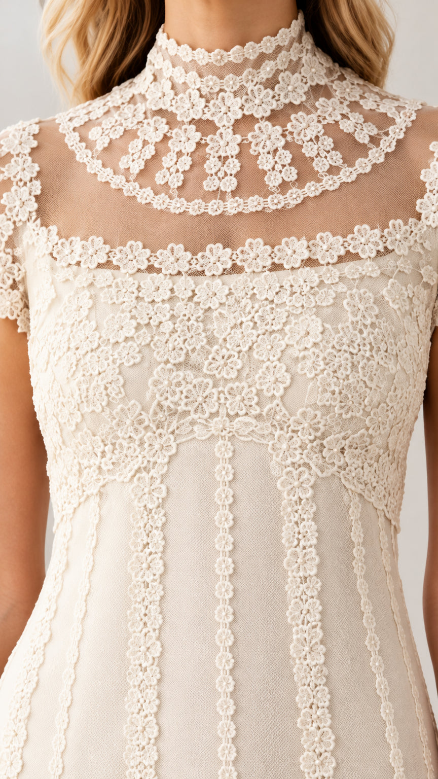Close-up of intricate crochet lace neckline and bodice details